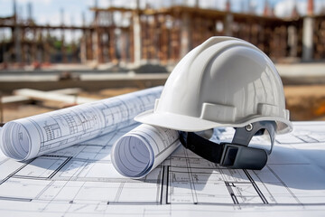 Safety helmet positioned on intricate blueprints reflects a dedicated construction environment, with a vibrant construction site softly blurred in the background