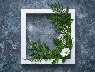 Poster - Framing serenity floral arrangement white square frame elegant gray backdrop nature photography soft petals and greenery