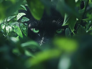 Poster - Black cat hiding in bushes