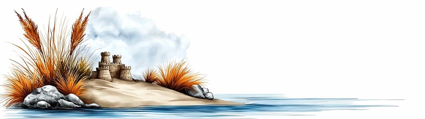 Wall Mural - a serene illustration of a sandy beach with grass and rocks, featuring gentle water and a peaceful a
