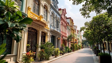 A scenic row of vibrant Sino Portuguese style shophouses featuring ornate window designs and a clear blue sky offering ample copy space