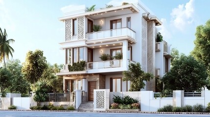 Poster - A contemporary Indian residential home showcasing a harmonious blend of traditional architectural elements such as jali work and modern design aesthetics featuring clean white walls and an open