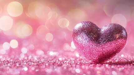 Wall Mural - panoramic heart-shaped glitter with soft bokeh lights on a sweet pink background for romantic and fe