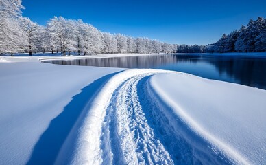 Wall Mural - A snow covered field next to a body of water with trees in the background