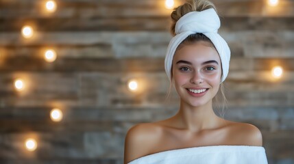 Wall Mural - Woman in white towel and headband against wooden wall. Spa relaxation concept