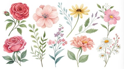  A Collection of Delicate Watercolor Botanical Floral Illustrations Featuring Roses, Daisies, and Other Blossoms Perfect for Design Projects