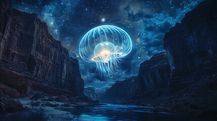 A large blue jellyfish is floating in the sky above a rocky canyon