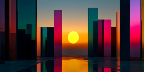 Poster - Immersive colorful glass skyscrapers reflecting a beautiful sunset over calm water create a captivating architectural landscape