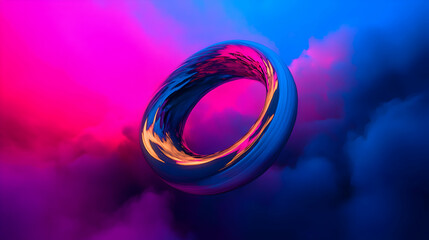 Fototapete - Metallic torus with swirling colors floats against a backdrop of vibrant pink and blue smoke, creating a visually immersive experience