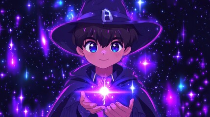 Poster - A young wizard with a glowing orb in a starry, magical background.
