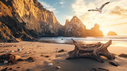 Wall Mural - Serene beach scene with cliffs, driftwood, and a seagull at sunset.