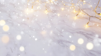 Wall Mural - A white background with a lot of lights and snowflakes. The lights are scattered all over the background and the snowflakes are falling from the sky. Scene is festive and joyful