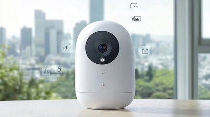 Poster - Smart home security camera on table, city view.