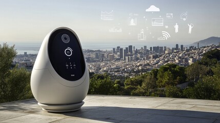 Poster - Smart home device overlooking cityscape.