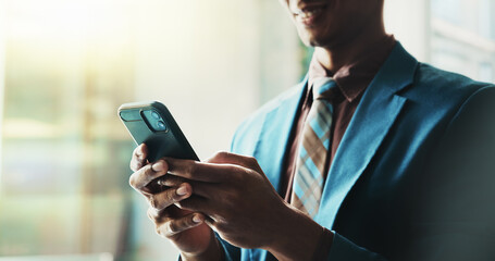 Poster - Business, man and hands scroll with smartphone in office for crypto research and reading stock market news. Employee, happy trader and phone for checking online trading account and investment update