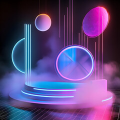 Wall Mural - A neon light display of various colored circles and squares. The display is set up on a stage and is surrounded by smoke. Scene is futuristic and vibrant