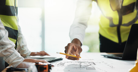 Aufkleber - Architecture, floor plan and hands of business people with blueprint for urban development, design and building. Construction, engineering and workers with pencil for teamwork, collaboration or ideas