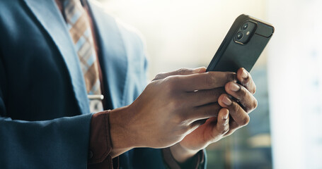 Poster - Businessman, smartphone and hands for typing as communication, connection and network in office. Male person, mobile technology and contact for online, email and internet as investment banker in firm