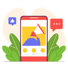 Poster - Mobile marketing concept illustration featuring social media engagement through smartphone interaction and graphics