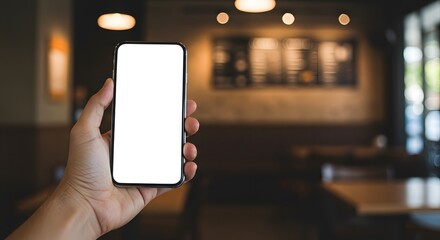 Mockup man's hand holding using smart phone with white blank screen at coffee shop, mobile app design and advertising, online marketing