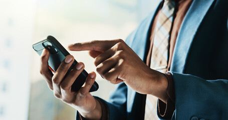 Poster - Businessman, cellphone and hands for typing in office as network, connection and communication. Male person, mobile technology and contact for online, email and internet as investment banker in firm