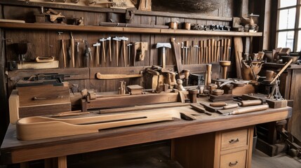 Wall Mural - An artisanal woodworking shop with hand tools and bespoke wooden furniture pieces, Woodworking tools and intricately carved woodwork displayed, Artisanal photography style