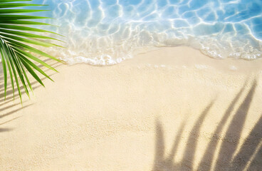 Sand beach with coconut leaves and sea water Summer background with copy space