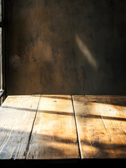 Wall Mural - A wooden table with a window in the background. The table is empty and the window is letting in sunlight