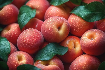 Wall Mural - A bunch of red apples with green leaves on top