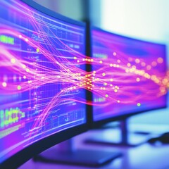 Poster - Data Streams Flowing Across Modern Curved Monitors