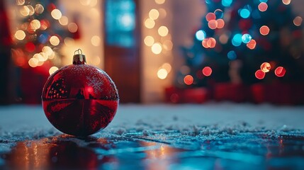 Aufkleber - A red Christmas ornament sits on a snowy floor
