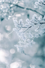 A branch covered in frost and snow. The branch is covered in a thin layer of ice, and the snow is falling from the tree. The image has a serene and peaceful mood, as the snowflakes gently fall