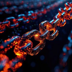 Poster - An abstract view of glowing metallic chains with vibrant orange and blue sparks highlighting their intricate links.