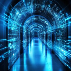 Poster - Futuristic blue hallway with glowing data streams and digital patterns, creating a sci-fi atmosphere.