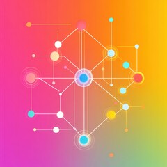 Poster - A vibrant abstract digital network illustration with colorful nodes and connections against a gradient pink and orange backdrop.