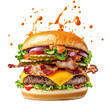 © cloud7days - Circular splash of sauce swirling over a bacon cheeseburger, isolated on a white background, playful and enticing. PNG