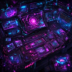 Poster - Futuristic Control Panel Interface Neon Lights and Digital Displays