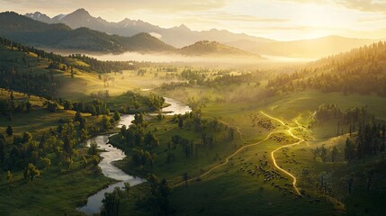 Poster - detailed virtual map of a wildlife corridor combined with ai powered predictive analysis of route su