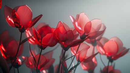 A minimalist arrangement of red plexiglass flowers, emphasizing their sleek transparency and vibrant hues. 8k UHD, suitable for high-quality printing or digital display. 