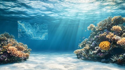 Poster - Detailed coral reef health map overlaid with a virtual twin analysis that identifies potential bleaching risks leaving ample copy space on the left side of the image