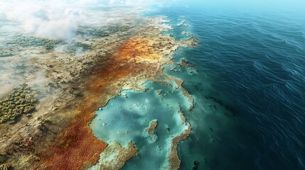 Poster - A digital twin of a coral reef health map overlaid with an analysis of potential bleaching risks leaving copy space on the left side of the image