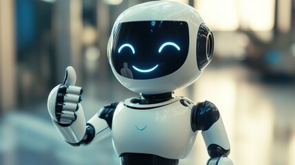 Aufkleber - A friendly robot with a smiling face giving a thumbs-up gesture in a modern setting.