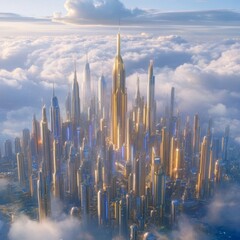 Poster - Golden City Above the Clouds A Futuristic Metropolis