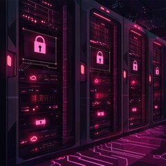 Poster - Futuristic data center with illuminated servers featuring padlock icons, conveying cybersecurity and data protection.