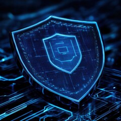 Poster - Futuristic blue digital shield symbolizing security and protection in a tech landscape.