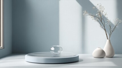 Leinwandbilder - A minimalist interior scene featuring a glass orb and decorative vases on a light surface.