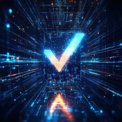 Poster - A glowing checkmark symbol in a futuristic digital tunnel, surrounded by vibrant blue and orange lights.