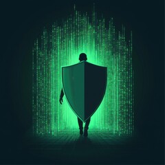 Poster - A solitary figure, silhouetted against a vibrant green digital backdrop, carries a shield symbolizing protection and security.