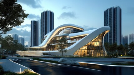 Aufkleber - A modern architectural building with a sleek design, surrounded by urban landscape.