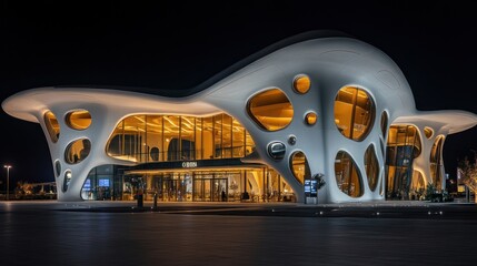 Aufkleber - A modern architectural building with organic shapes and warm lighting at night.